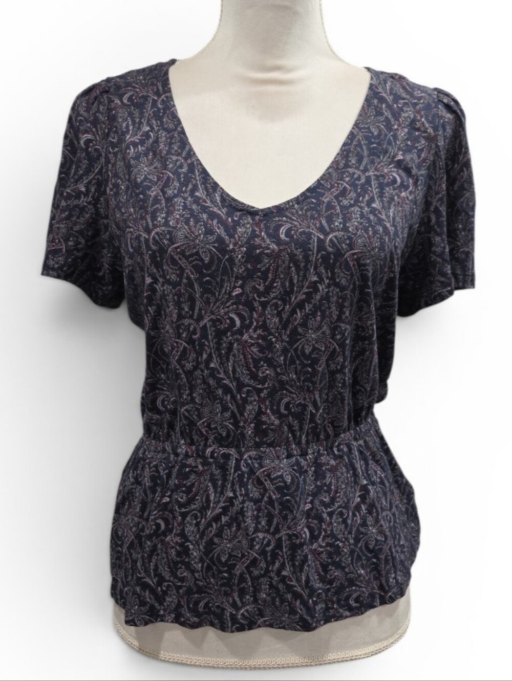 Lucky Brand Navy Paisley V-Neck Short Sleeve Blouse Size Medium